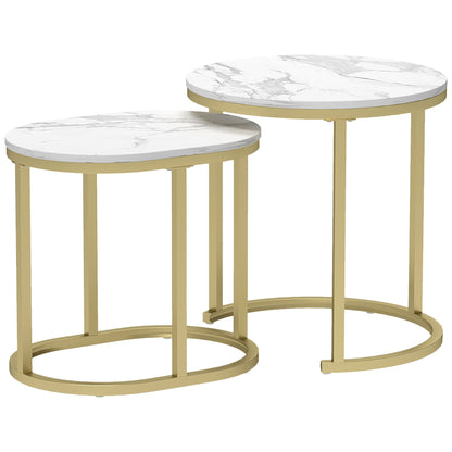 Set of 2 Coffee Tables with Marble Effect Top, in Wood and Steel, Ø50x50.5 cm and 60x36x43.5 cm, White