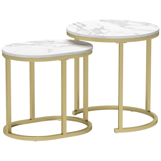 Set of 2 Coffee Tables with Marble Effect Top, in Wood and Steel, Ø50x50.5 cm and 60x36x43.5 cm, White