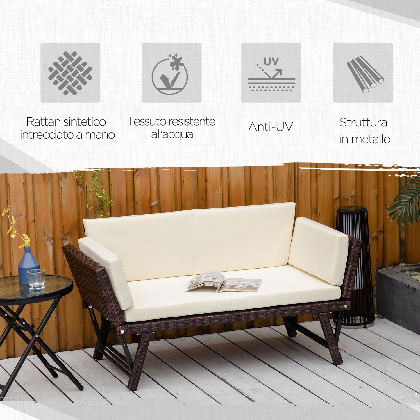 2 Seater Sofa with Extendable Armrests for Garden Rattan 129x63x67cm White, Brown