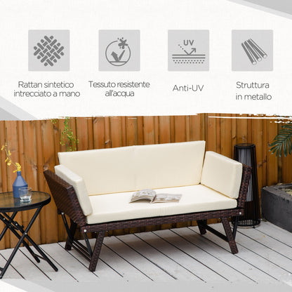 2 Seater Sofa with Extendable Armrests for Garden Rattan 129x63x67cm White, Brown