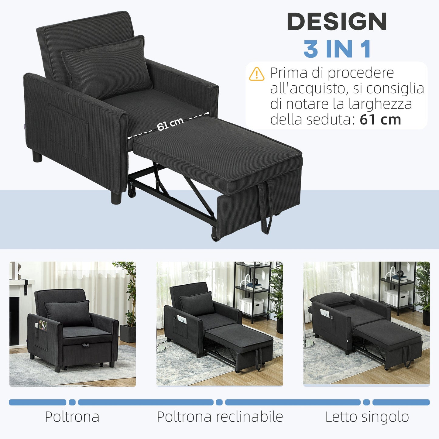 Reclining Armchair Bed with Side Pockets, in Velvet Effect Fabric, 74x84x81 cm, Dark Gray