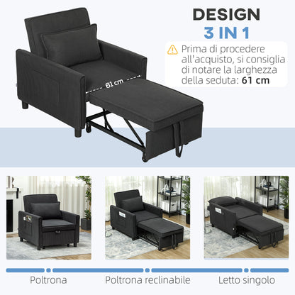 Reclining Armchair Bed with Side Pockets, in Velvet Effect Fabric, 74x84x81 cm, Dark Gray