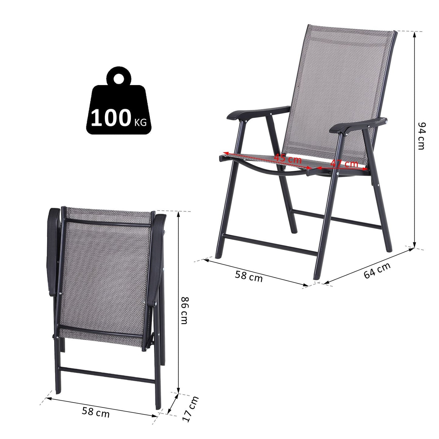 Set of 2 Folding Outdoor Chairs in Steel and Textilene for Garden, Veranda, Terrace, Grey, 58 x 64 x 94cm