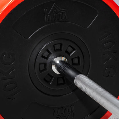 Barbell and Plates Set 65kg total for Home Workout, in Metal, Iron Sand and Rubber, Red