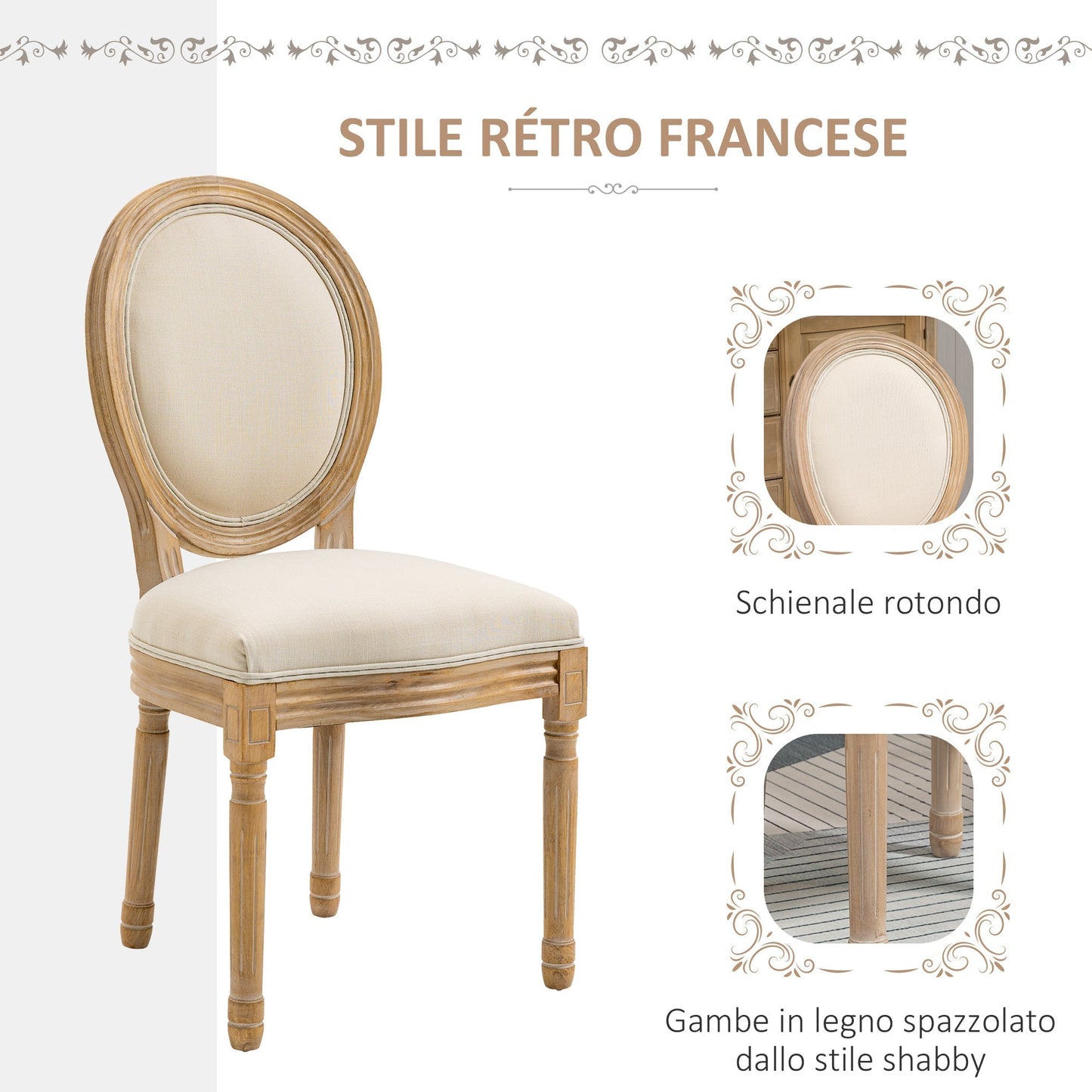 Set of 2 Padded Dining Chairs, Vintage Retro Style Living Room Chairs in Wood and Linen Effect Fabric Cream White 49x56x96cm