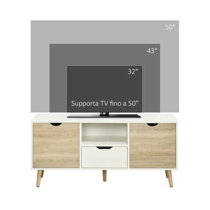 Modern TV Stand max 50" in Chipboard with Drawers, Open Shelves and Cabinets, 110x40x50 cm, White and Wood Color