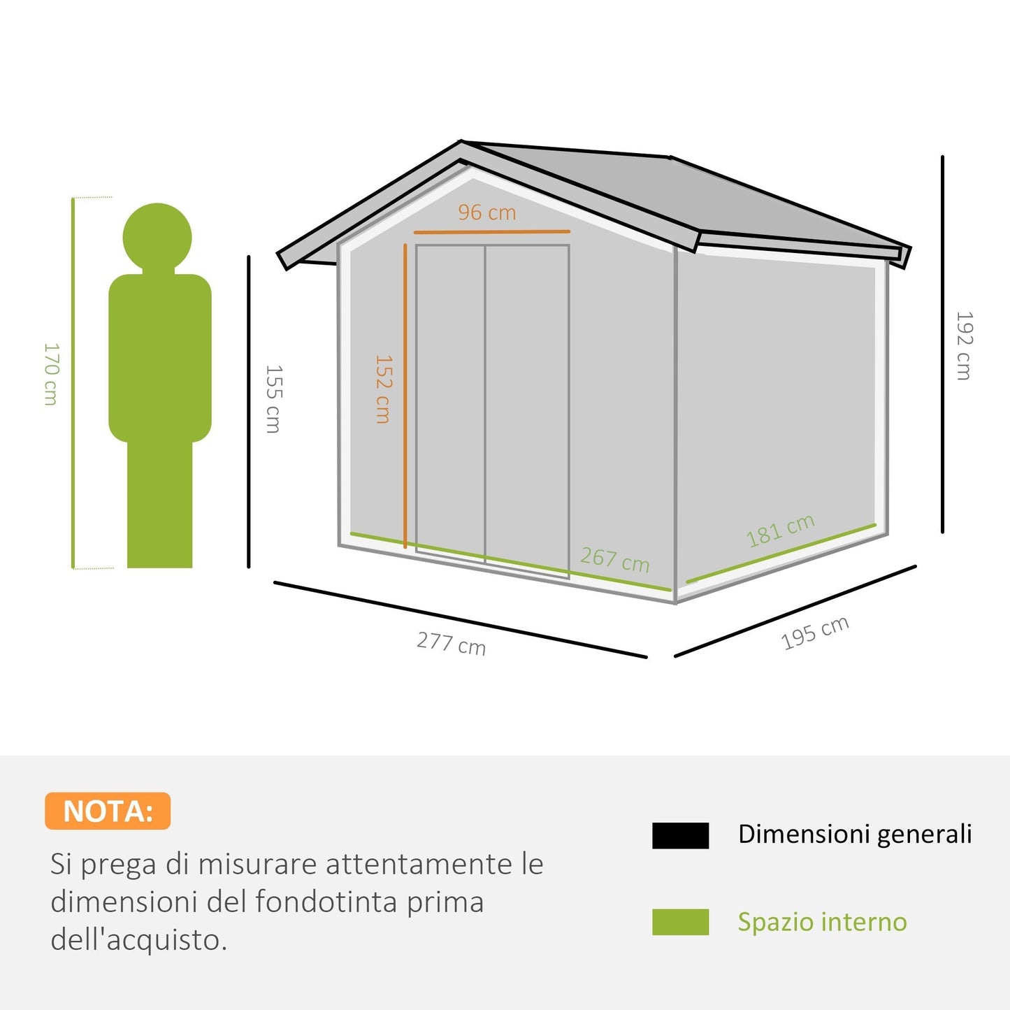 Garden Shed with 2 Sliding Doors and 4 Air Vents in Steel, 277x195x192cm, Light Green