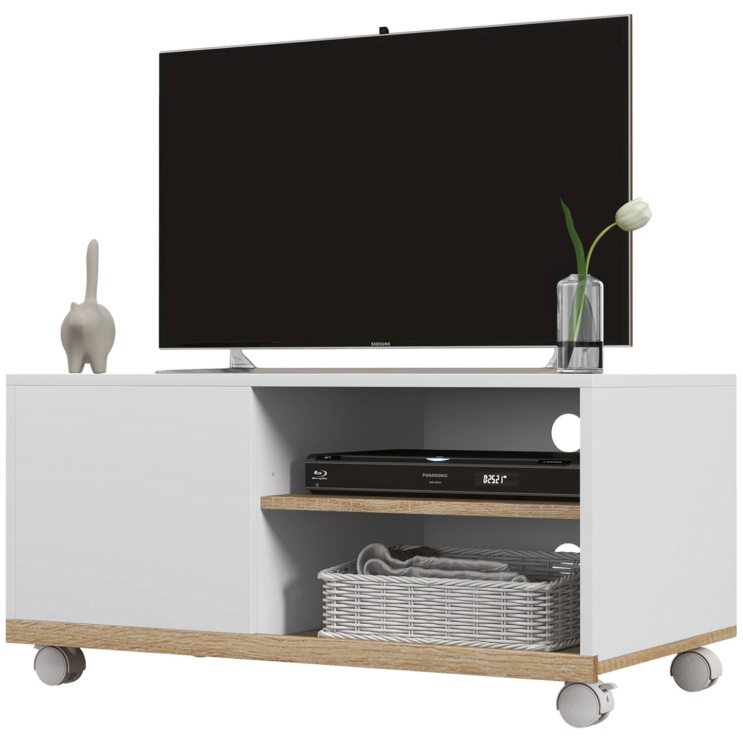 42" Max TV Stand with 2 Open Shelves and Door and Wheels, Chipboard, 80x45x39.5 cm, White