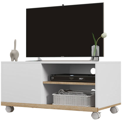 42" Max TV Stand with 2 Open Shelves and Door and Wheels, Chipboard, 80x45x39.5 cm, White