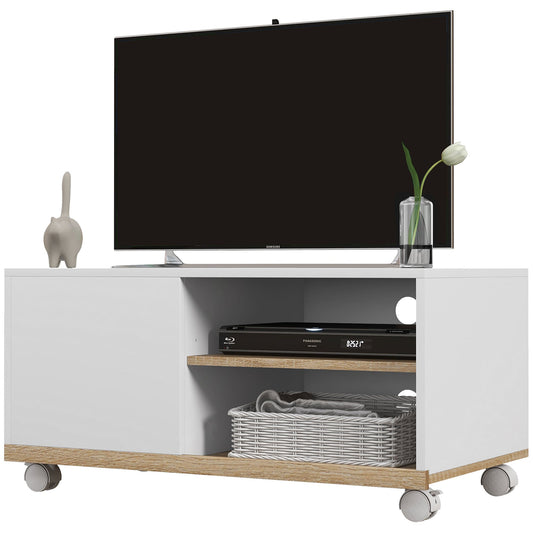 42" Max TV Stand with 2 Open Shelves and Door and Wheels, Chipboard, 80x45x39.5 cm, White
