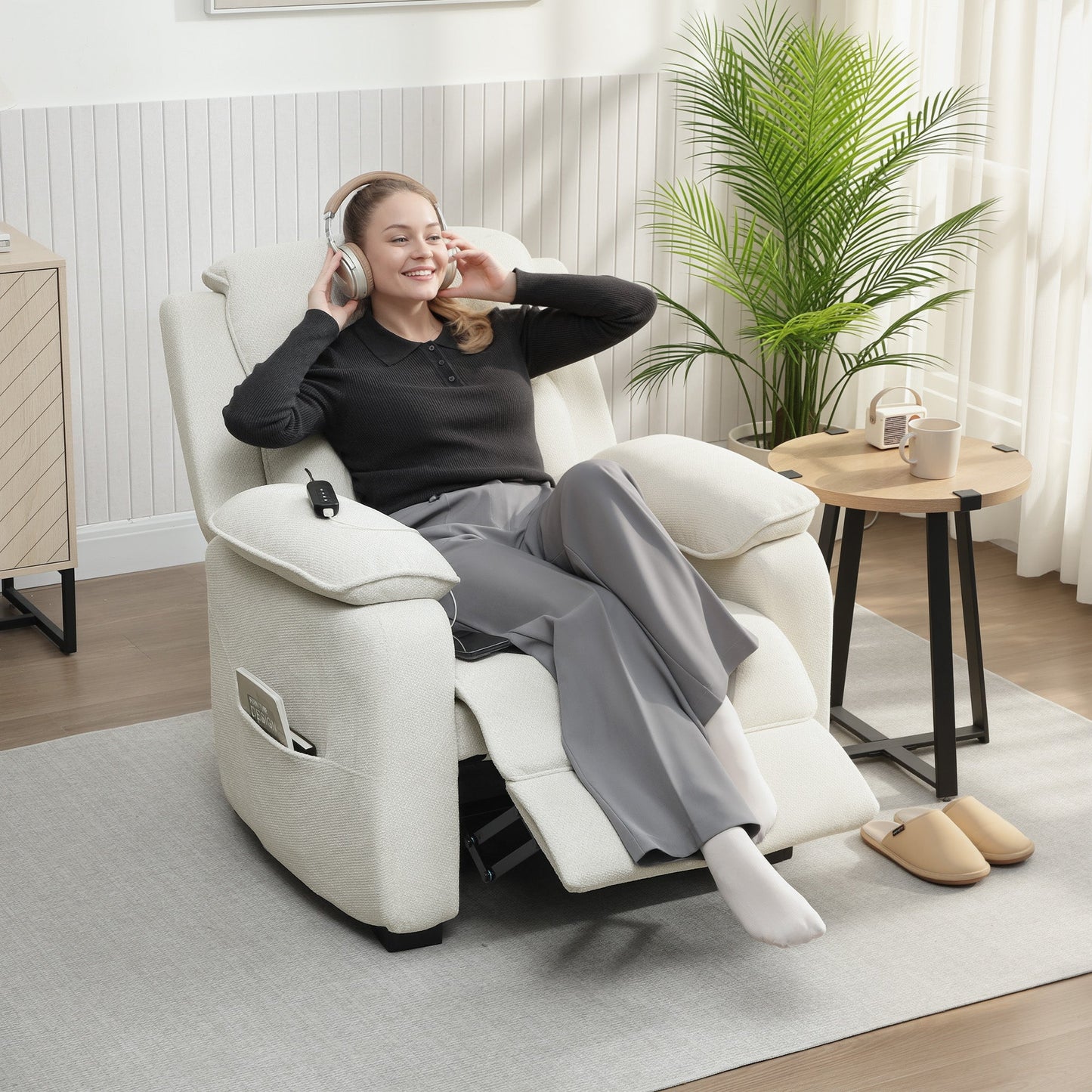 150° Reclining Velvet Armchair with Footrest, Remote Control and Side Pocket, 96x90x103 cm, Beige