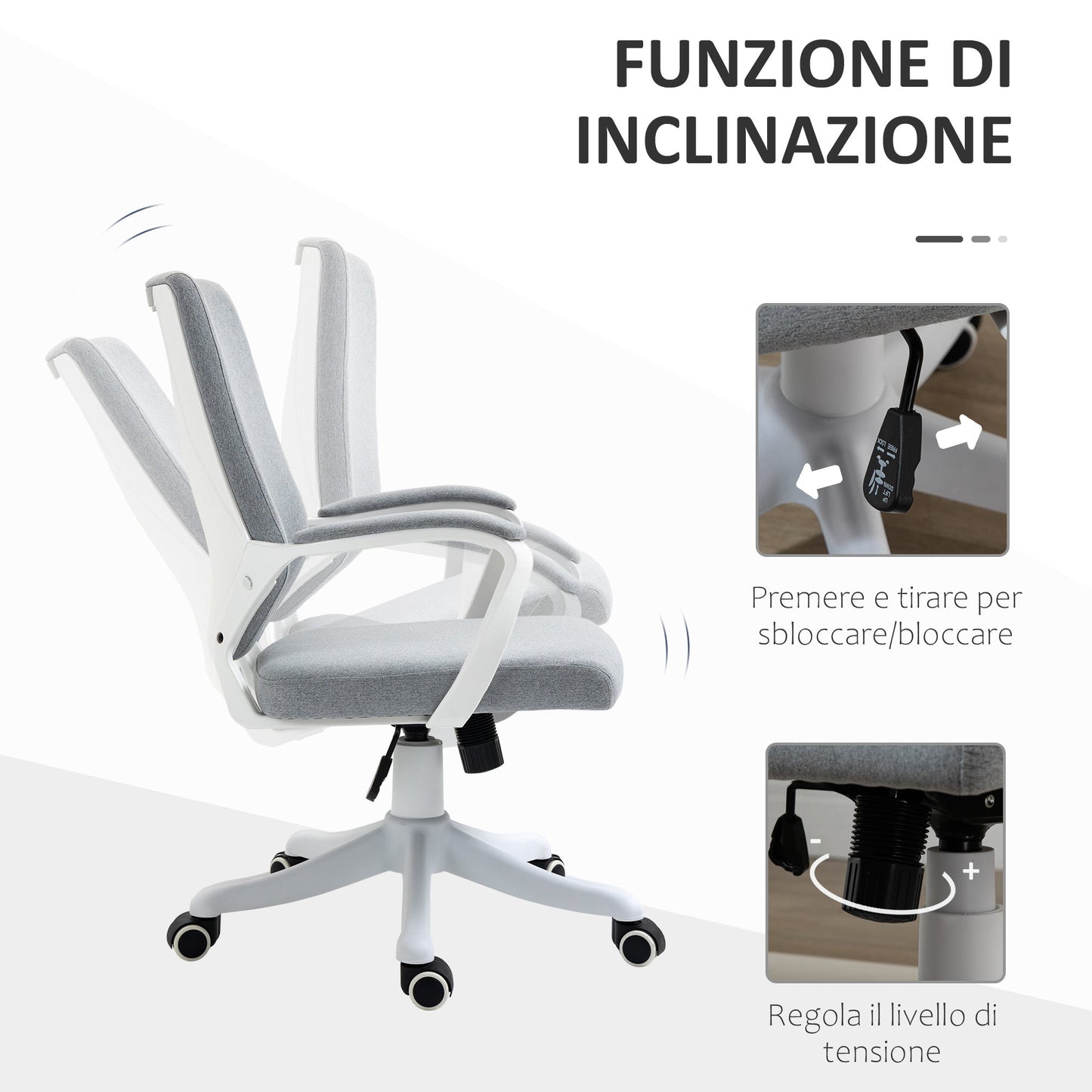 Ergonomic Office Chair with Adjustable Height, 360° Swivel Padded Desk Chair with Rocking Function, Breathable Linen Effect Fabric, for Study, Grey