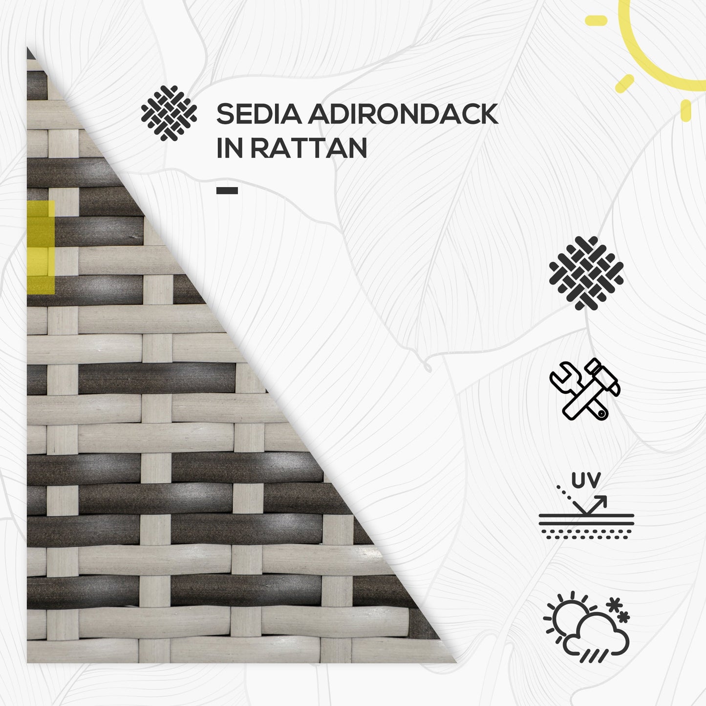 Adironrack Garden Chair with Armrests, Rattan and Steel, 64x80x90 cm, Grey