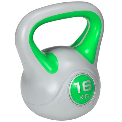 Kettlebell 16kg in PU and Sand with Flat Base and Handle for Deadlifts, Squats and Lifts, 26x18x32 cm, Green