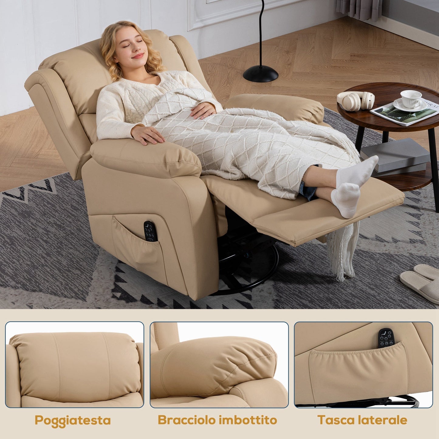 Reclining Relaxing Chair with 8 Massage Points, Heating and Footrest, 87x97x100 cm, Beige
