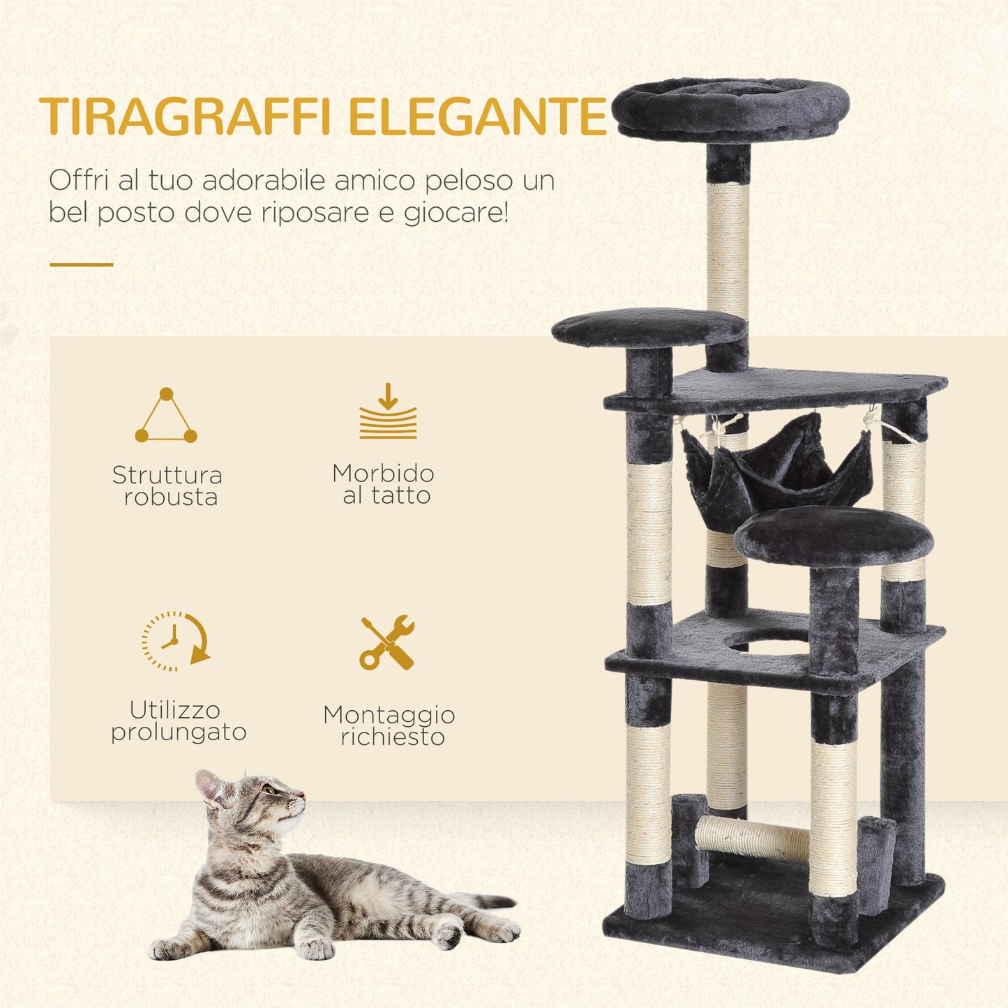4-Tier Cat Tree with Hammock, Natural Sisal Plush Platforms, 132cm Height, Grey 4.8 (25)