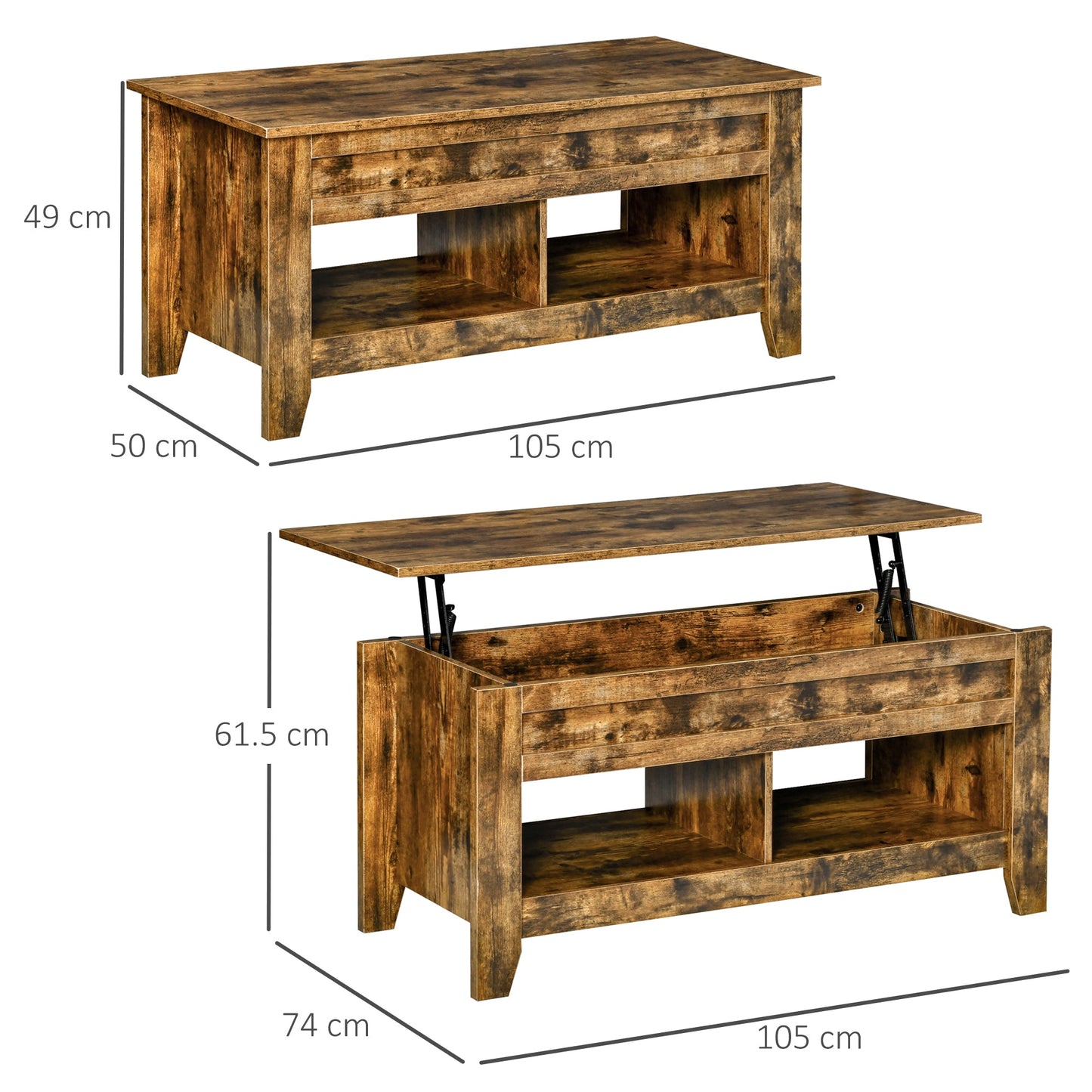 Industrial Style Coffee Table with Storage Compartment and Lifting Top in Wood, 105x50x49cm, Rustic Brown