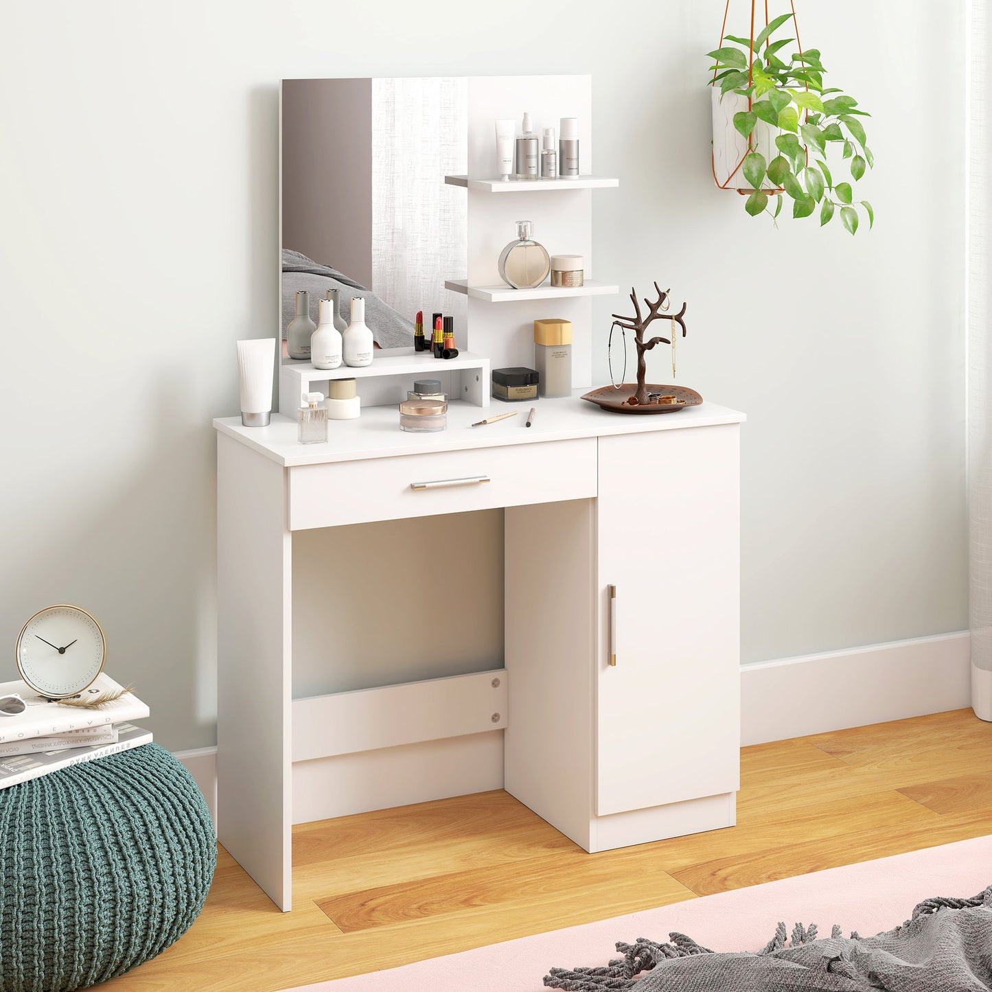 Dressing Table with Cabinet, Drawer, Makeup Mirror and Open Shelves, 90x38x138 cm, White