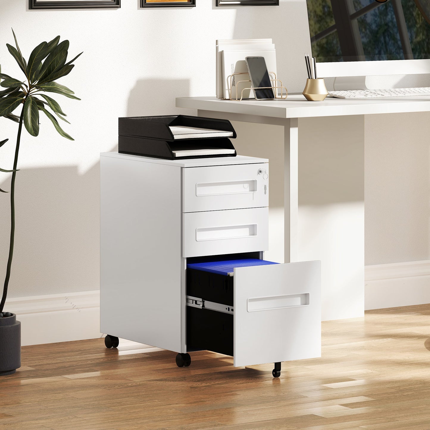 Steel Document Holder on 5 Wheels with 2 Drawers and Pen Tray, 30x43.5x60 cm, White