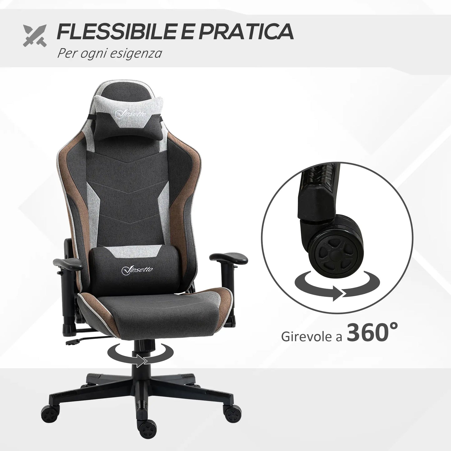150° Reclining Gaming Chair with Rocking Function, Headrest and Lumbar Cushion, Grey