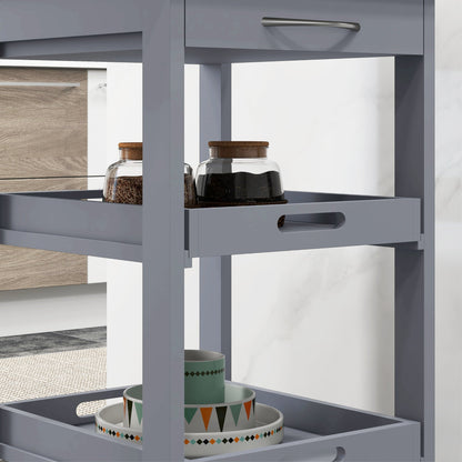 Kitchen Trolley with Drawer, 2 Pull-Out Trays and Fixed Shelf, Pine Wood and MDF, 37x37x76 cm