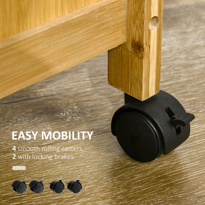 kitchen trolley with drawer, locker and removable wooden basket with swivel wheels, 66x36x79cm