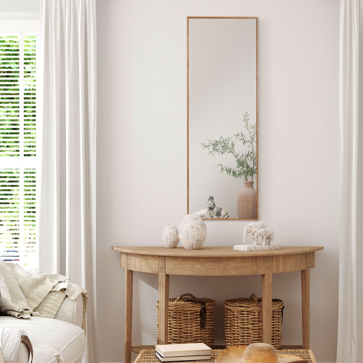 Pine Wood Wall and Freestanding Mirror with Hooks Included, 45x125cm