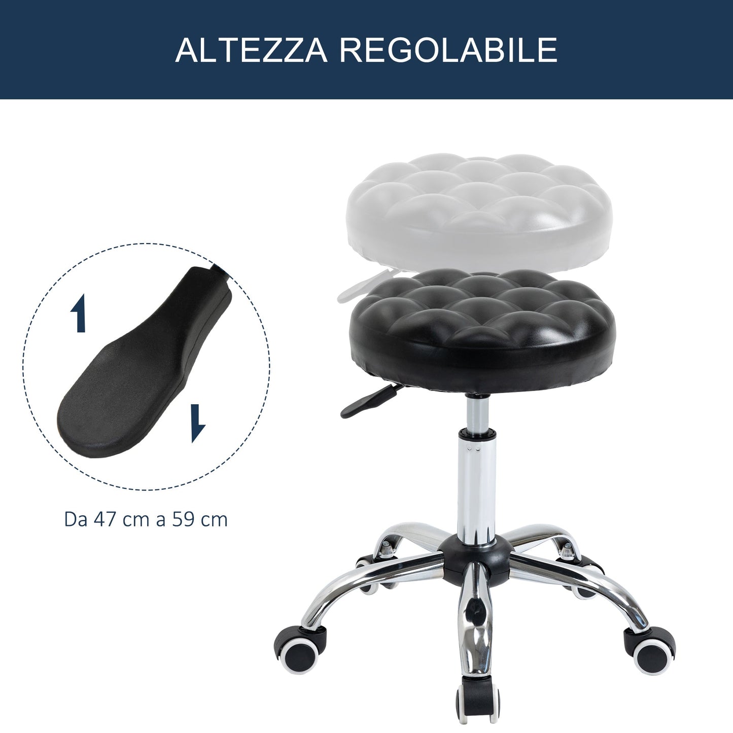 Height Adjustable Beauty / Tattoo Stool with 5 Wheels, Steel, Foam and PU Leather, Ф48x47-59Hcm
