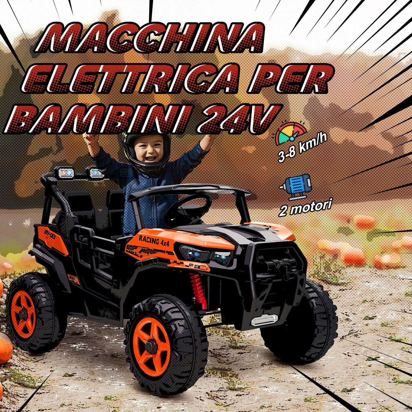 Electric Ride-On Toy Car for Children 3-8 Years, 24V, 2 Seats, Dual Motor, Remote Control and Soft Start, Orange