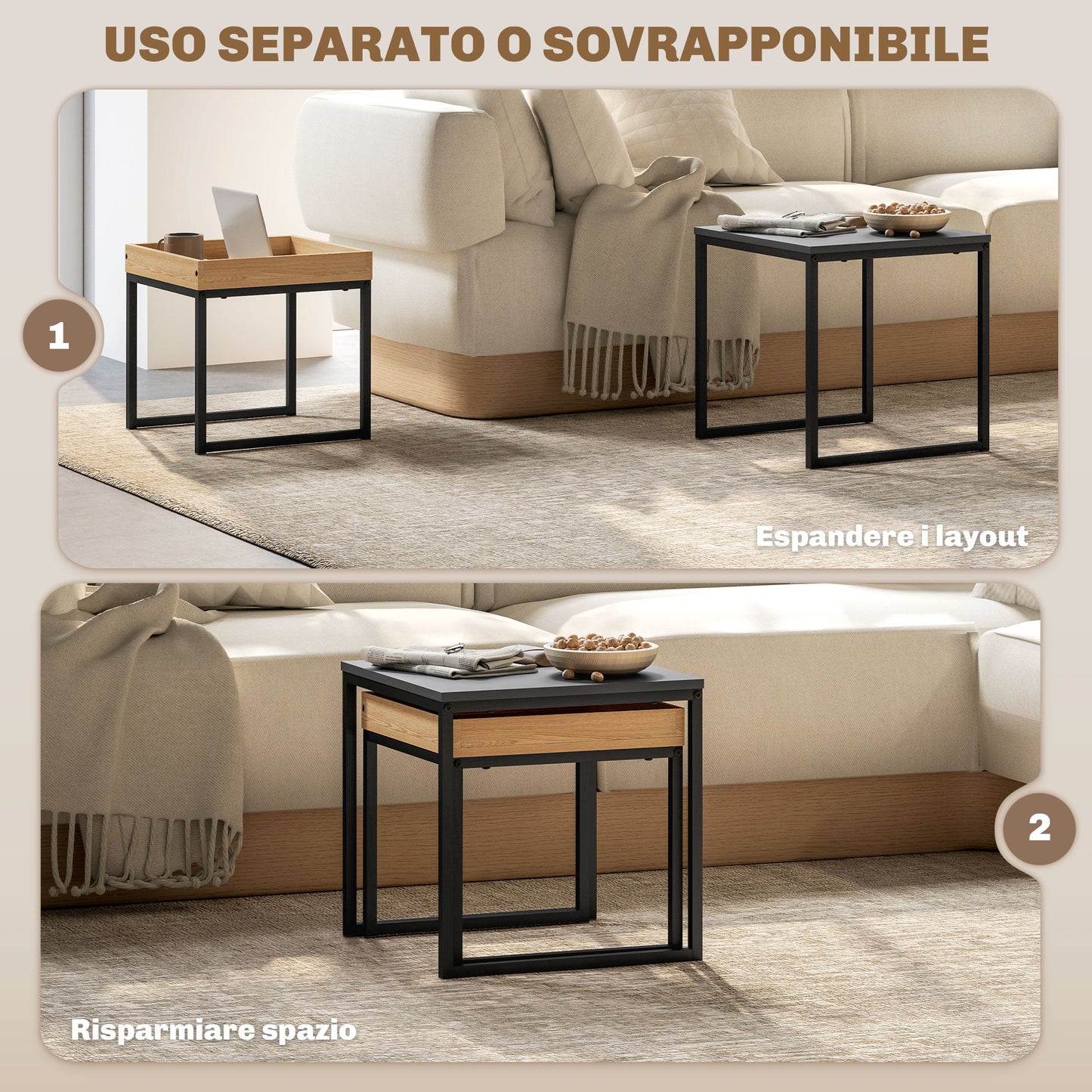 Set of 2 Modern Coffee Tables with U-Shaped Legs, Wood and Steel, 45x45x45 cm and 40x40x40 cm, Black