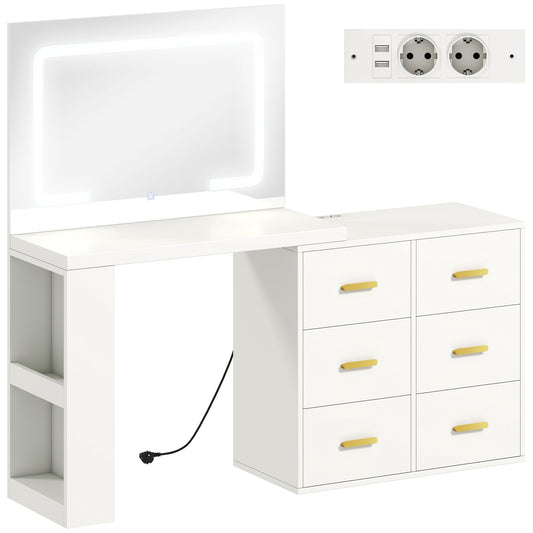 Dressing Table with Mirror and Adjustable LED Lights, 6 Drawers, 2 Shelves and Electrical Sockets, White