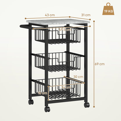 3-Basket Kitchen Trolley with Handle, Steel and Wood, 49.5x31x69 cm, Black and Light Grey