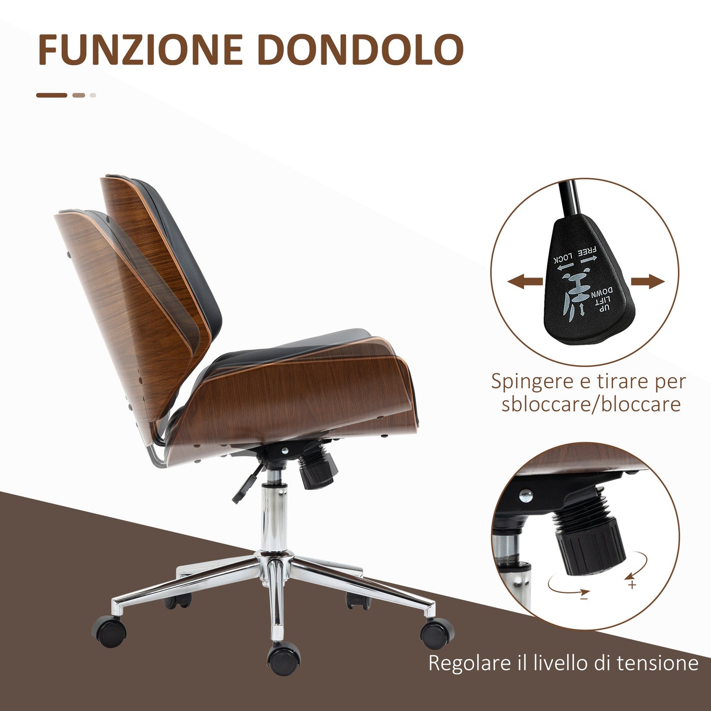 Vintage Padded Office Chair, Faux Leather, Wood and Steel, 53x60x86-96 cm, Black and Dark Brown