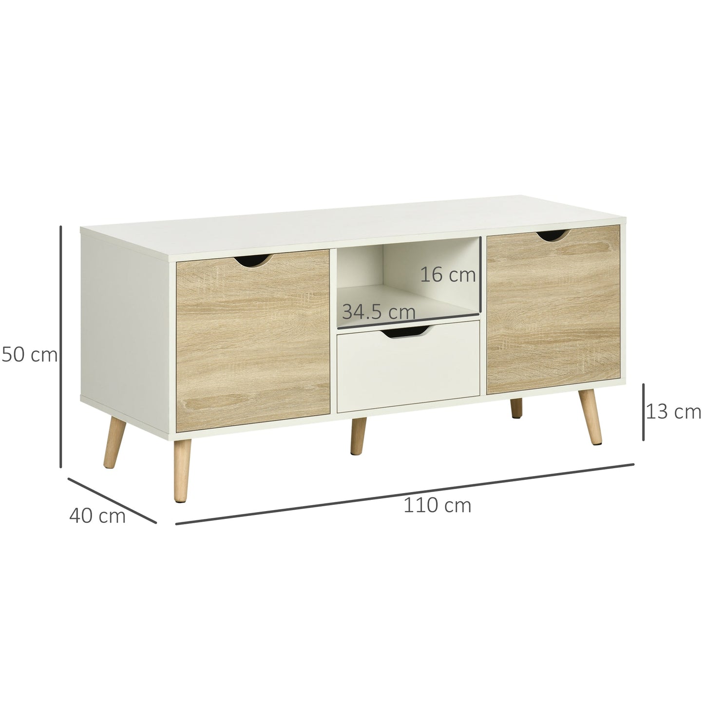 Modern TV Stand max 50" in Chipboard with Drawers, Open Shelves and Cabinets, 110x40x50 cm, White and Wood Color