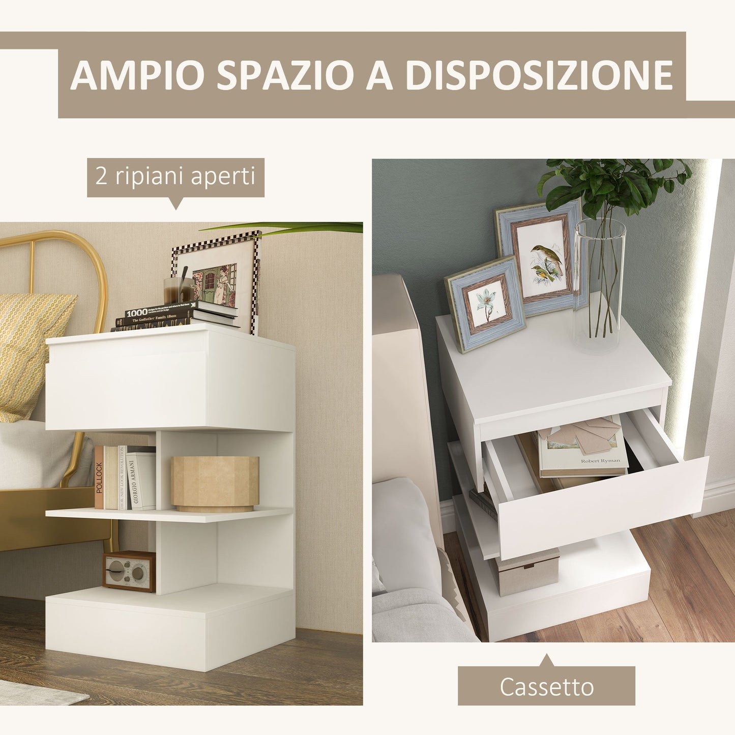 Modern Bedside Table in Chipboard and MDF with a Drawer and 2 Shelves, 39x39x65 cm, White