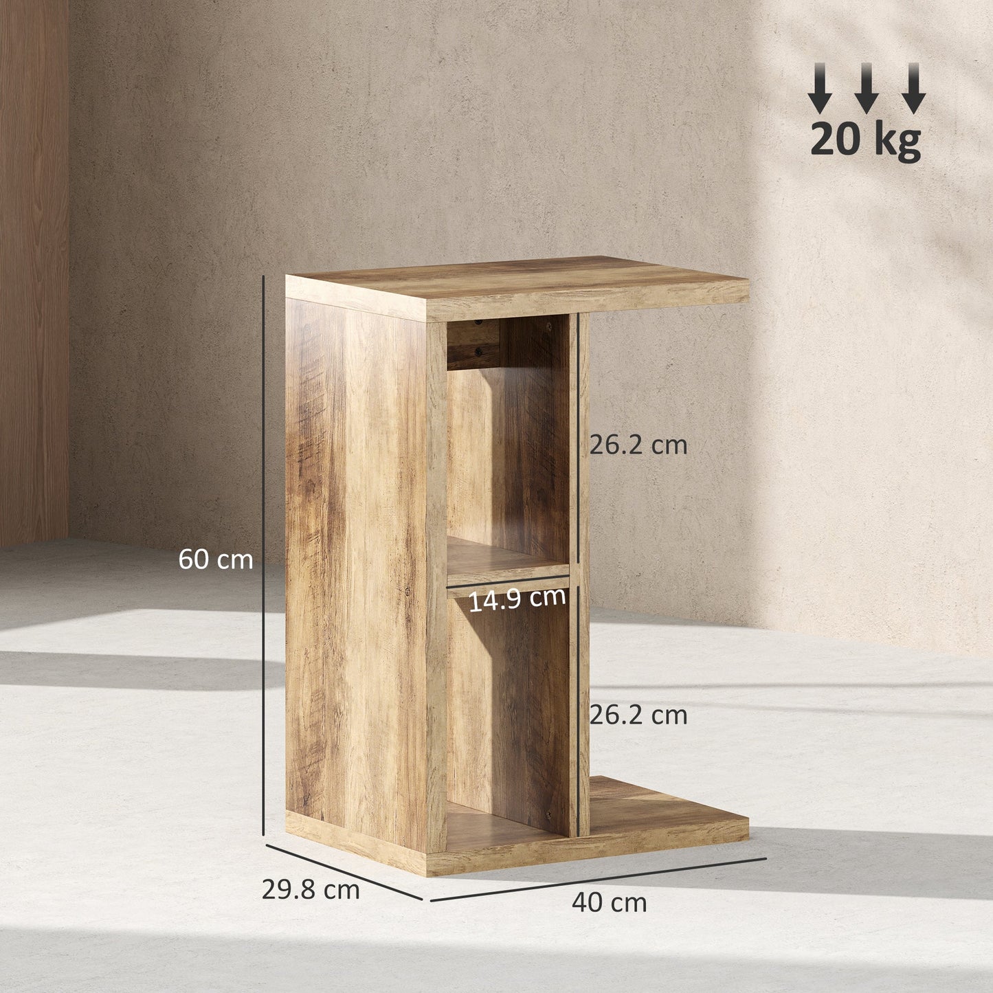 C-Shaped Coffee Table with 3 Shelves and 2 Open Compartments Space Saving, 40x30x60 cm, Brown
