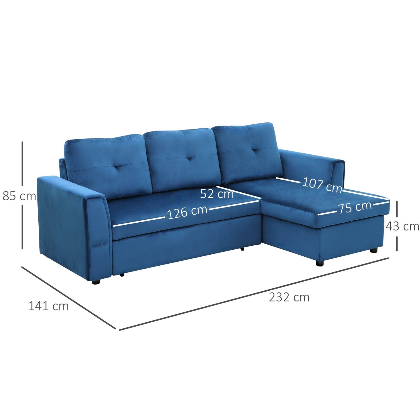 ALEA | 3 Seater Velvet Effect Corner Sofa Bed and Chaise with Storage, 232x141x85cm, Blue