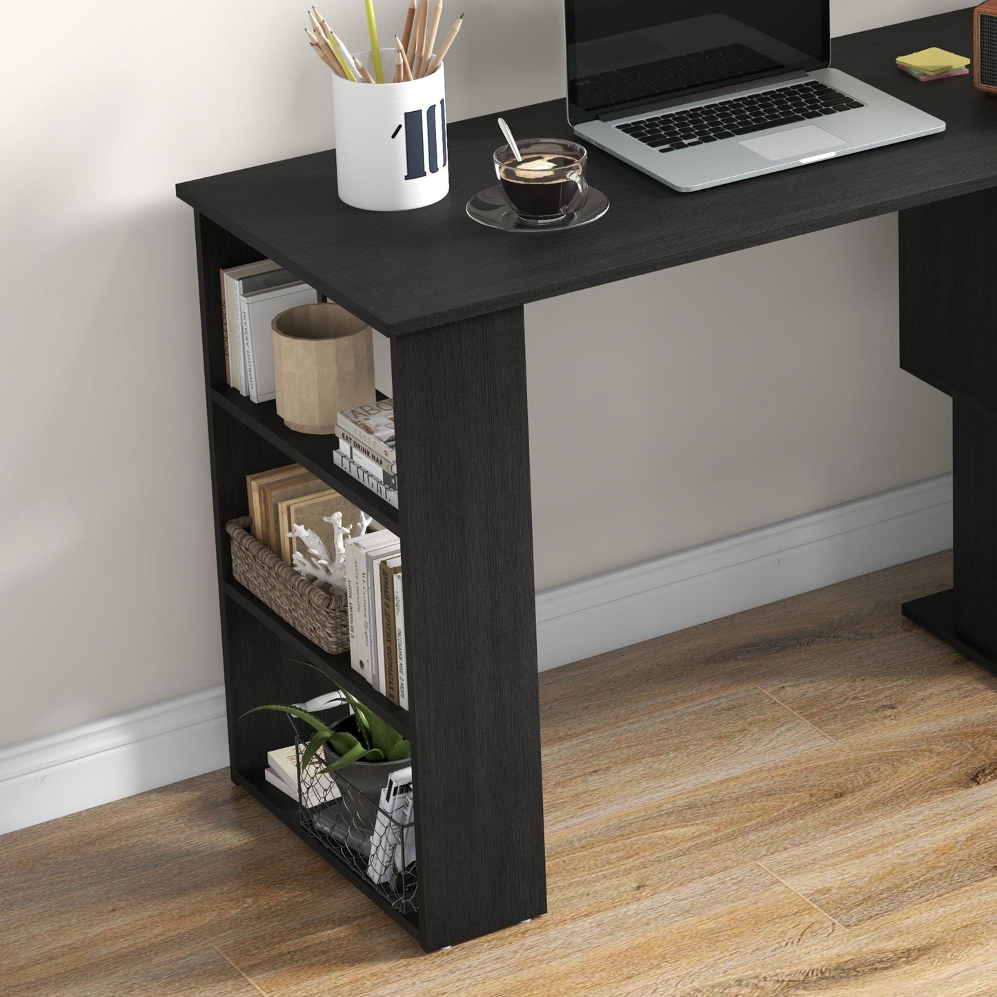 Corner Desk with 360° Swivel Top and 5 Shelves, 120x110x74.5 cm, Black