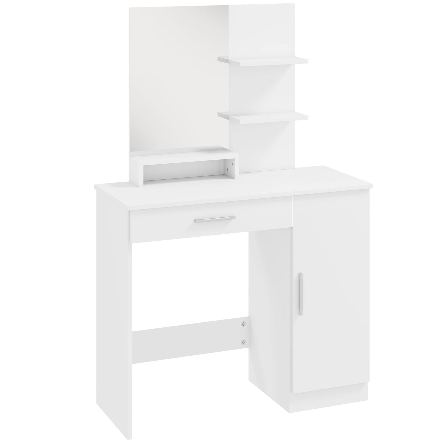 Dressing Table with Cabinet, Drawer, Makeup Mirror and Open Shelves, 90x38x138 cm, White