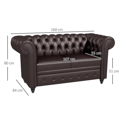 2-Seater Chesterfield Style Sofa with Removable Cushion, in Faux Leather, Wood and Metal, 160x84x80 cm, Brown