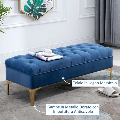 Upholstered Bench Bed Base in Velvet Fabric and Gold Metal Base, 118x45x42 cm, Blue