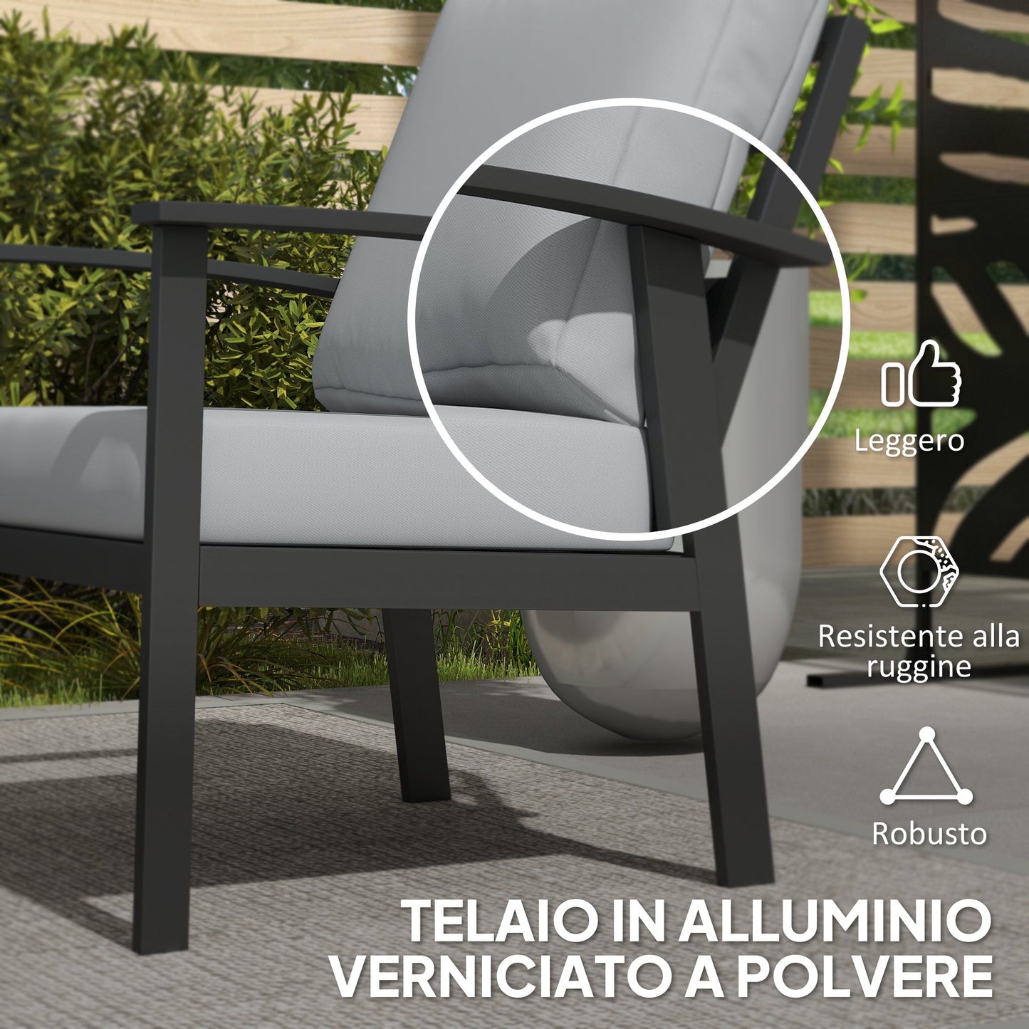 DULA | 4 Piece Garden Set with 2 Armchairs, 2 Seater Sofa and Coffee Table, in Aluminum and Fiber, Charcoal Gray