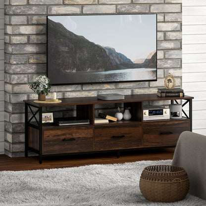 Industrial TV Cabinet with 3 Drawers and 3 Open Shelves, in Wood and Steel, 147x40x50 cm, Black and Brown
