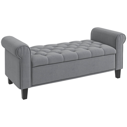 Velvet Fabric Bed End Bench with Storage Space and Armrests, 126x48.5x57 cm, Grey