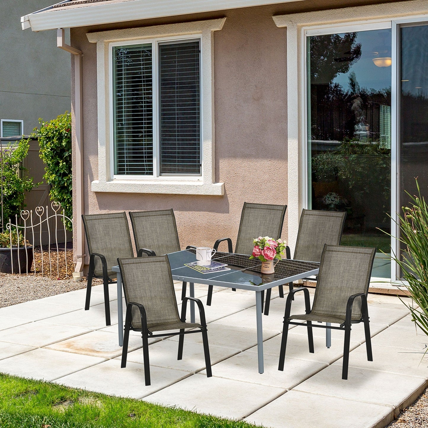 Garden Chairs Set of 4, Stackable Outdoor Chairs in Metal and Breathable Fabric, Brown