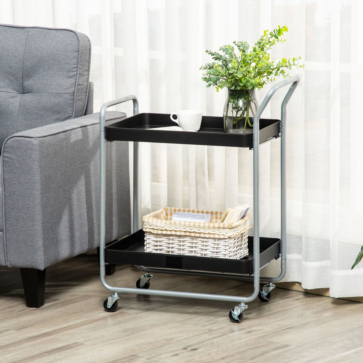 Trolley 2 levels with swivel handles and wheels, in metal, 63x40.4x83.5 cm