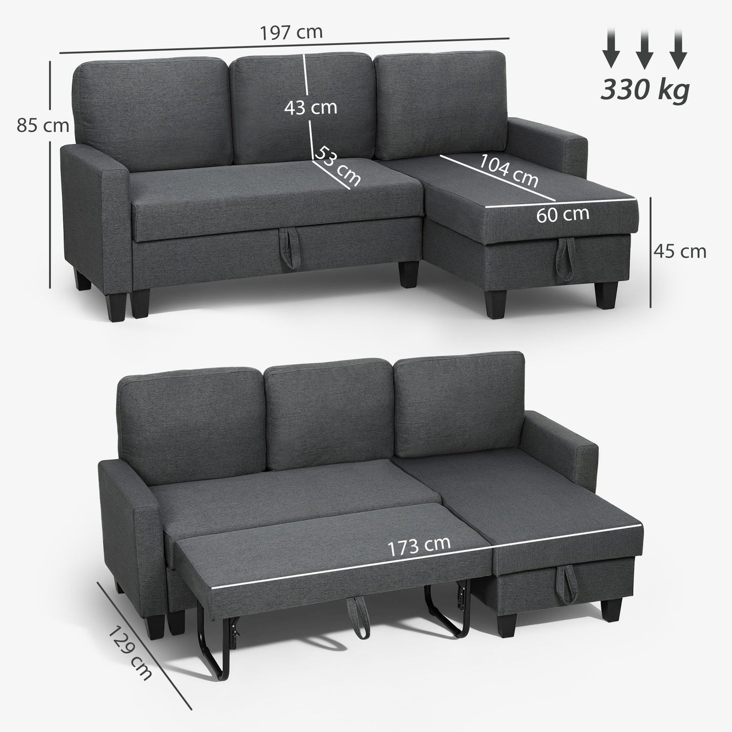 3-Seater Sofa Bed with Chaise and Storage Space, Linen-Effect Fabric, 197x129x85 cm, Charcoal Grey