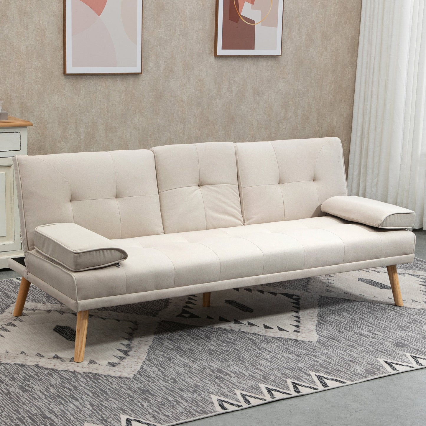 3 Seater Reclining Sofa Bed with Linen Effect Upholstery and Drop-Leaf Table, Beige