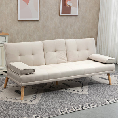 3 Seater Reclining Sofa Bed with Linen Effect Upholstery and Drop-Leaf Table, Beige