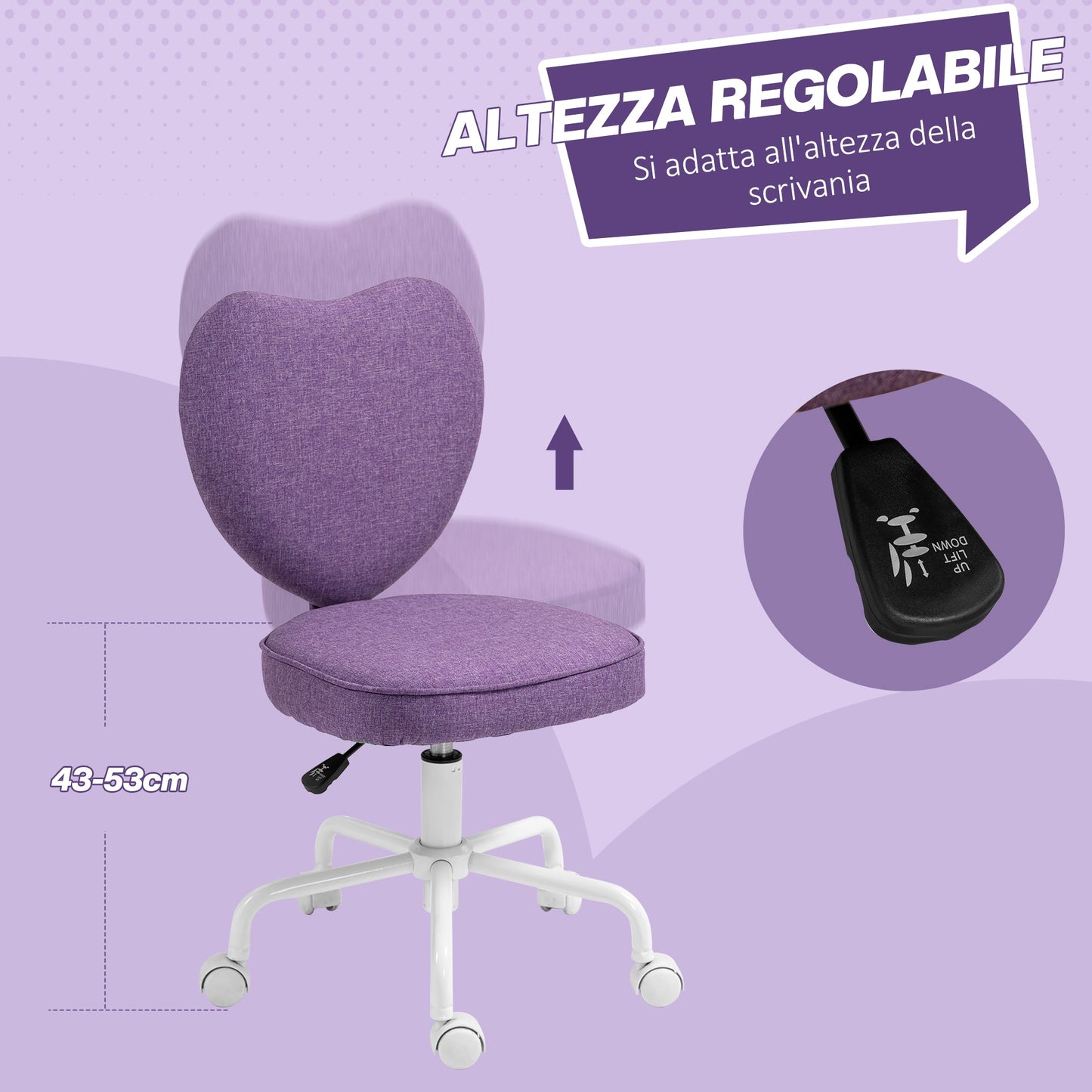 Heart-Shaped Desk Chair with 5 Wheels and Adjustable Height in Fabric, 40x50x79-89cm, Purple